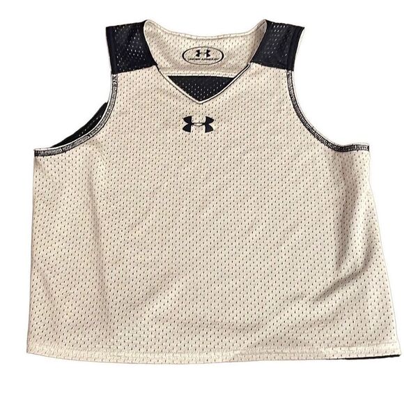 EUC Under Armour Reversible White/Navy Blue Wide Arm Mesh Tank/Pinny - Youth XS - Picture 2 of 7